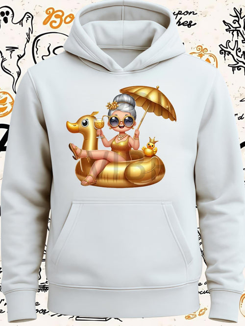 Women's Graphic Hoodie Sunbathing Vacation Girl With Golden Float And Parasol By Water