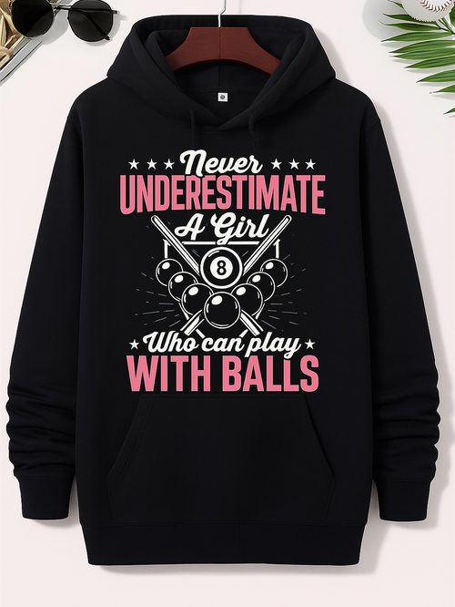 Men's Graphic Hoodie Never Underestimate A Girl Who Can Play With Balls Billiard Table Graphic Featuring Eight Ball