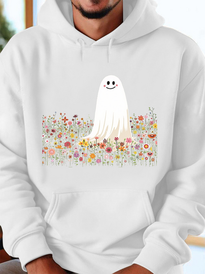 Men's Graphic Hoodie Playful Ghost Among Whimsical Wildflowers With Bright Cheerful Smile Ghost