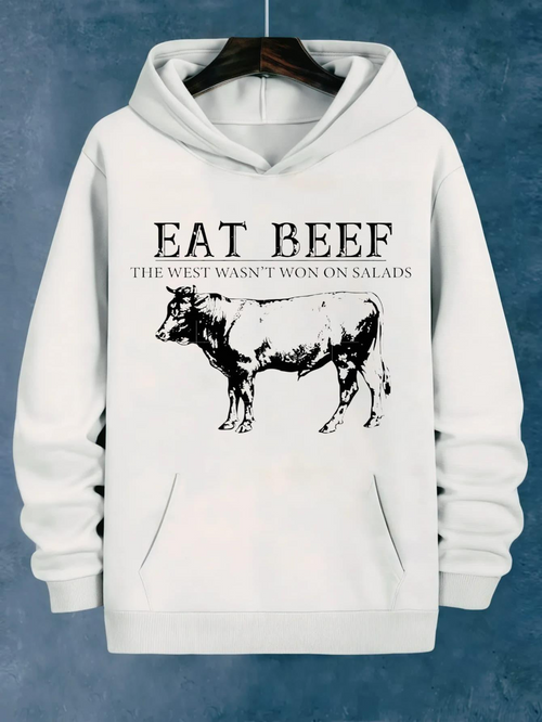 Women's Graphic Hoodie Eat Beef Lettering With Rustic Brush Sketch Cow
