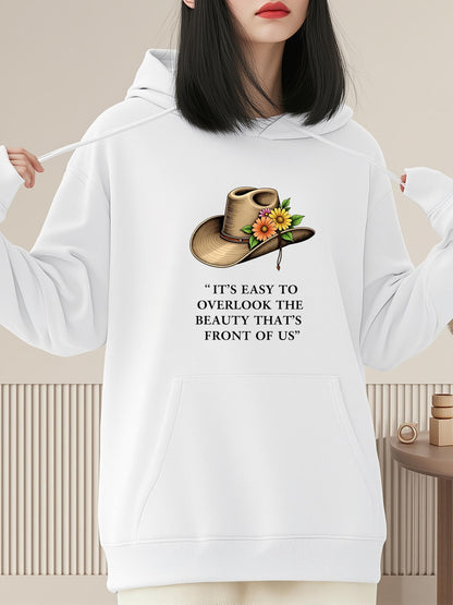 Women's Graphic Hoodie Easy To Overlook Beauty With Flowers Resting On A Tan Hat