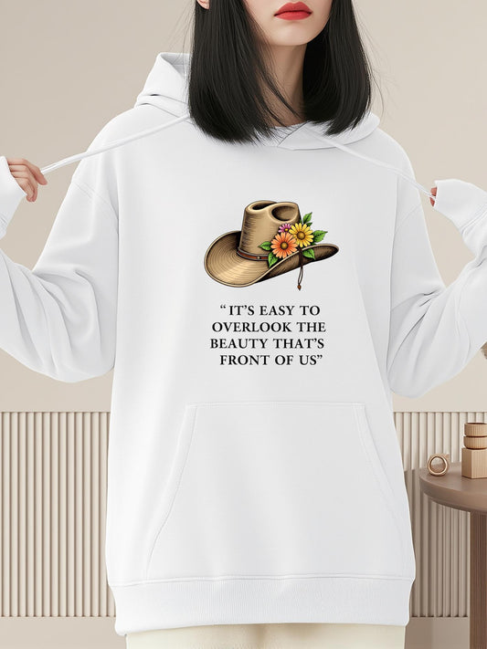 Women's Graphic Hoodie Easy To Overlook Beauty With Flowers Resting On A Tan Hat