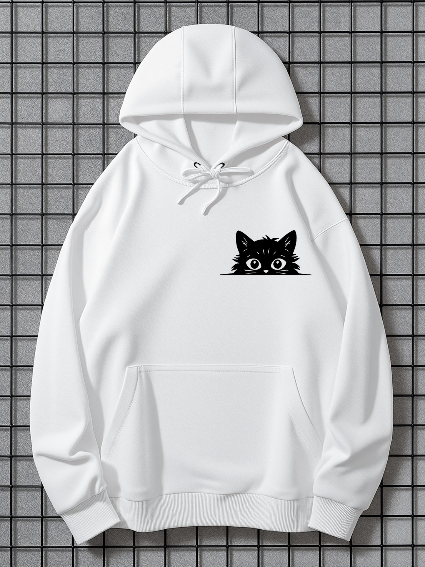 Men's Graphic Hoodie Playful Eyes Peeking Curiosity Black Cat Under Soft Hooded Warmth Cat