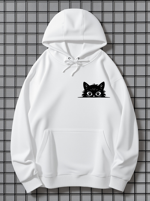 Men's Graphic Hoodie Playful Eyes Peeking Curiosity Black Cat Under Soft Hooded Warmth Cat