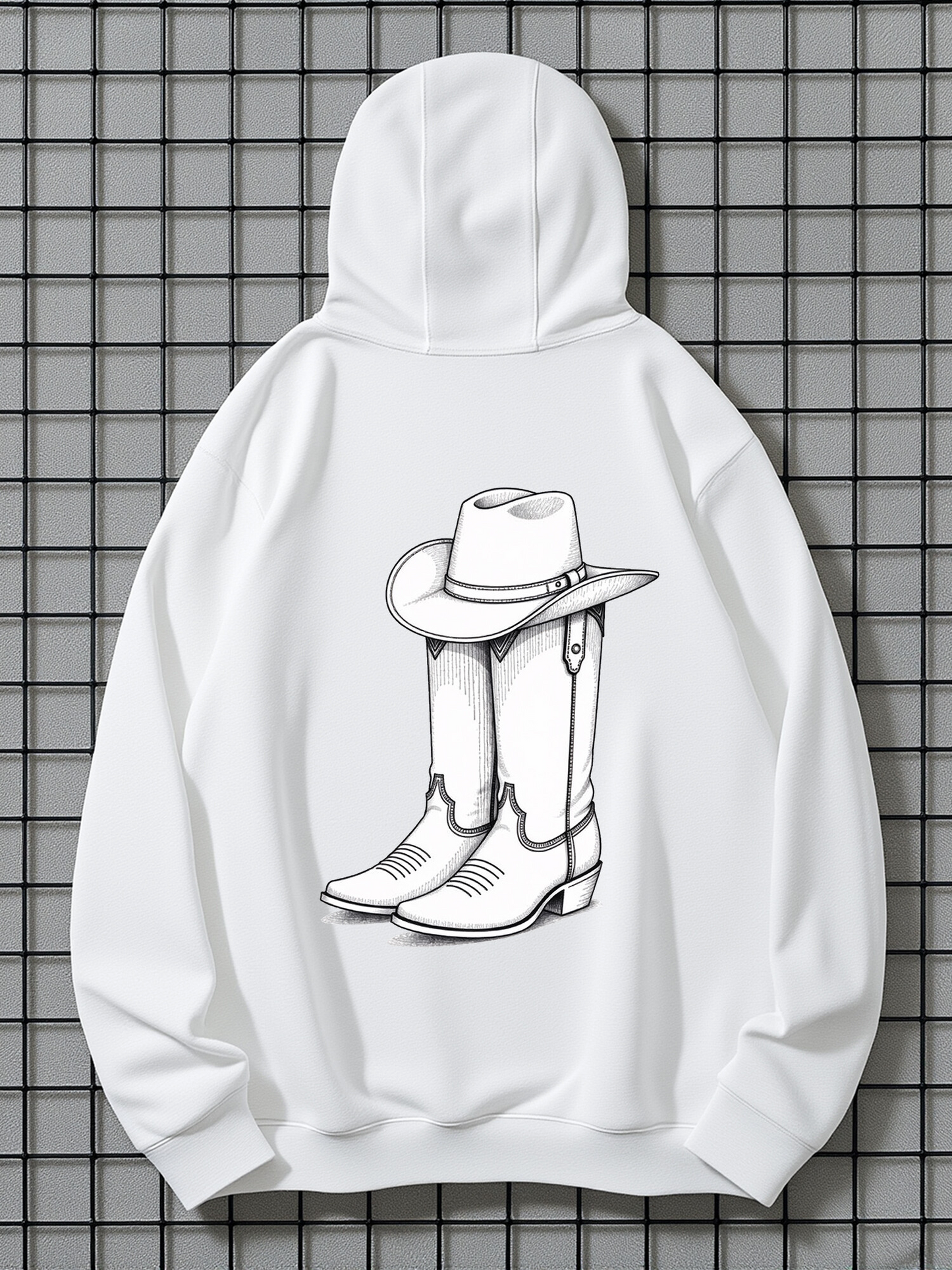 Men's Graphic Hoodie Western Style Boots With Cowboy Hat Resting Against Classic Cowboy Boots