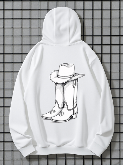 Men's Graphic Hoodie Western Style Boots With Cowboy Hat Resting Against Classic Cowboy Boots