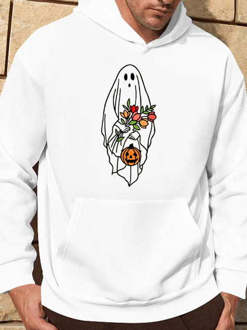 Men's Graphic Hoodie Delicate Autumn Flowers With Pumpkin Lantern Holding Cartoon Ghost