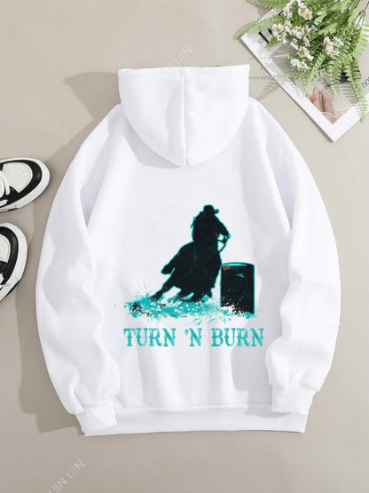 Women's Graphic Hoodie Turn N Burn Dynamic Rodeo Scene With Galloping Horse In Dusty Arena Rider