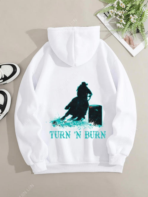 Women's Graphic Hoodie Turn N Burn Dynamic Rodeo Scene With Galloping Horse In Dusty Arena Rider