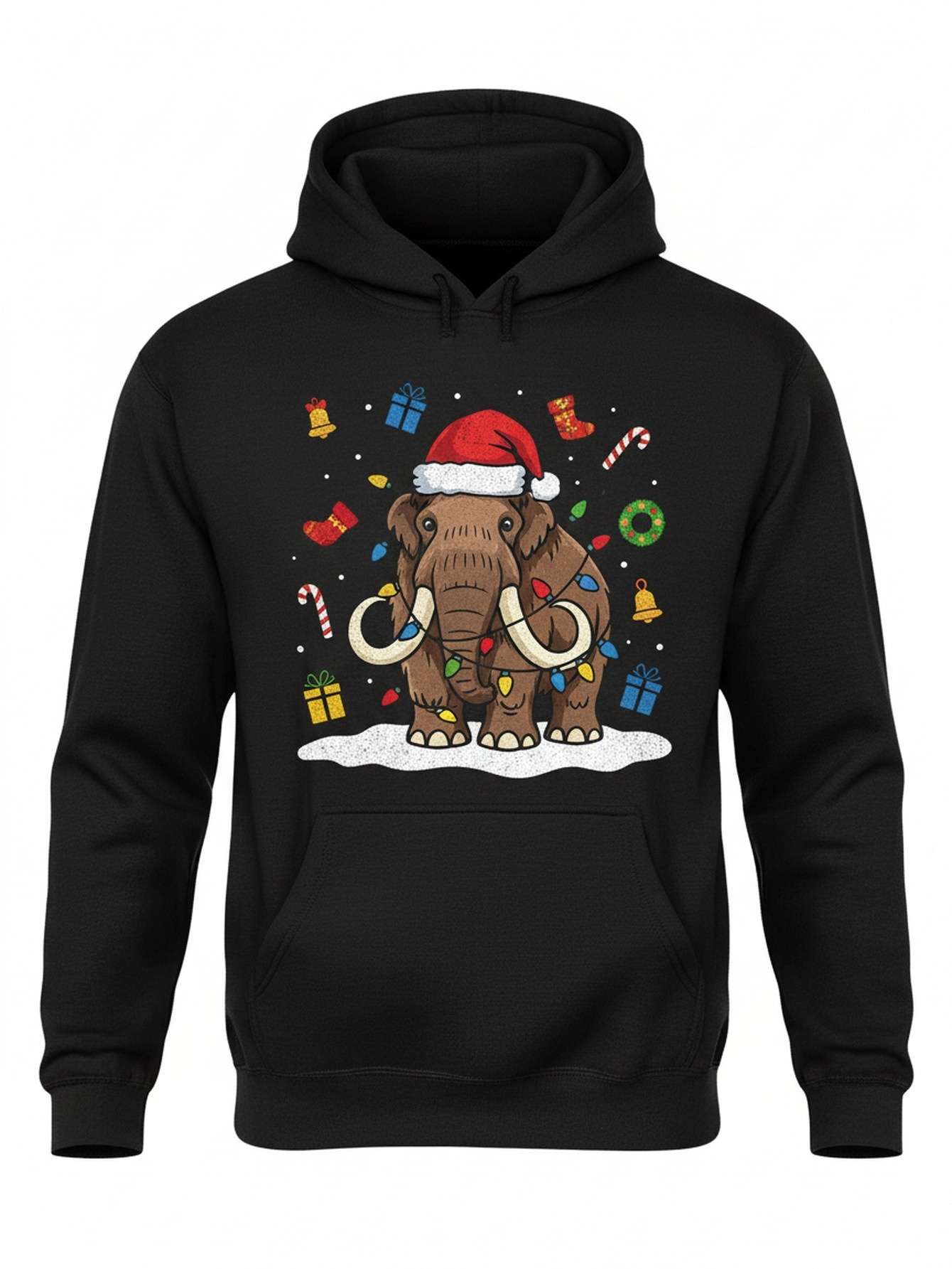 Men's Graphic Hoodie Festive Holiday Snow With Gifts Surrounding A Woolly Mammoth