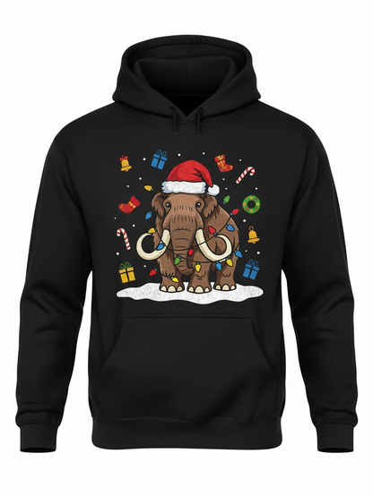 Men's Graphic Hoodie Festive Holiday Snow With Gifts Surrounding A Woolly Mammoth