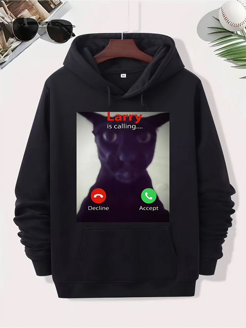 Men's Graphic Hoodie Larry Is Calling Mysterious Cat Silhouette With Incoming Call Icons