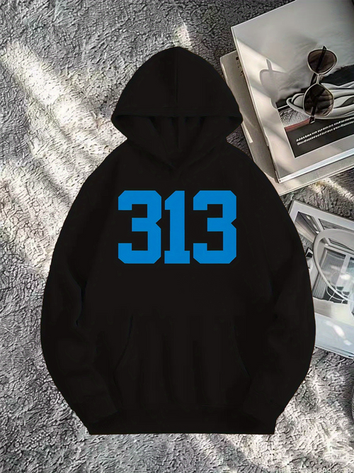 Men's Graphic Hoodie Bold Blue Block Digits With Shadowed Urban Streetwear Numbers