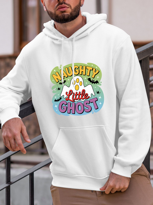 Men's Graphic Hoodie Naughty Little Ghost Surrounded By Halloween Bats Colorful Playful Text Ghost