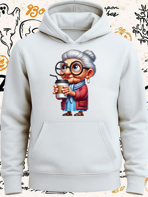 Women's Graphic Hoodie Warm Mug Under Cozy Scarf With Smiling Elder Woman