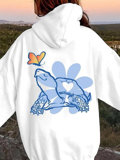 Women's Graphic Hoodie Blue Flower With Heart Shaped Markings And Frog Resting On Blossoms