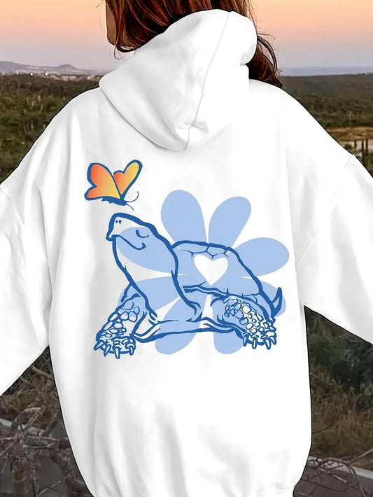 Women's Graphic Hoodie Blue Flower With Heart Shaped Markings And Frog Resting On Blossoms