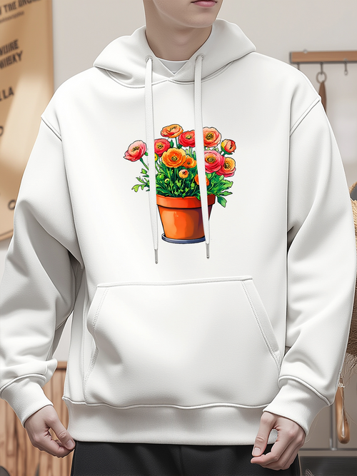 Men's Graphic Hoodie Vibrant Orange Pot With Blossoming Flowers Centered On Hoodie