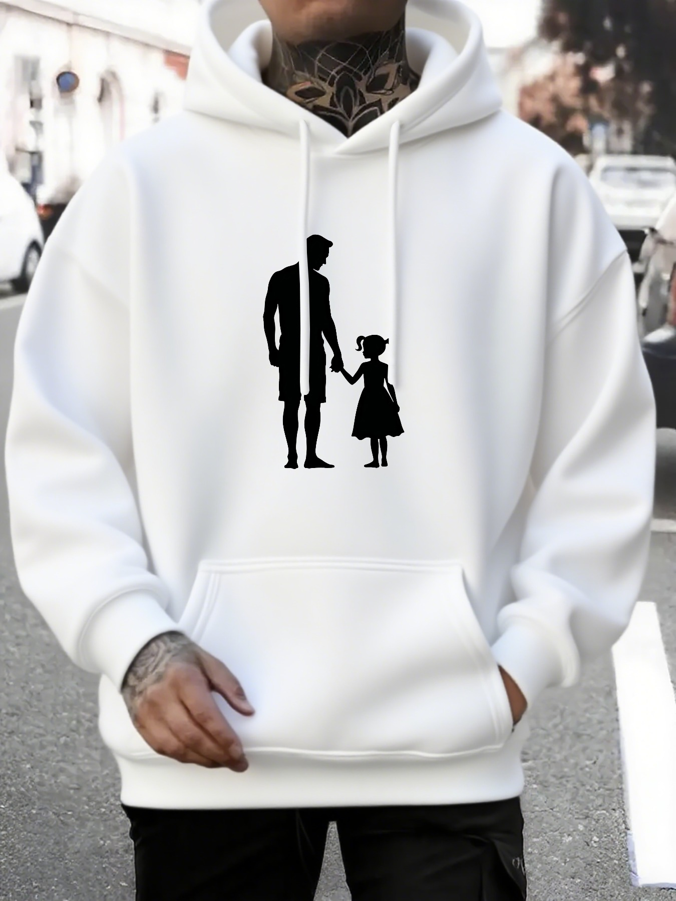 Men's Graphic Hoodie Silhouetted Figures Walking Hand In Hand Through The Calm City Street Scene