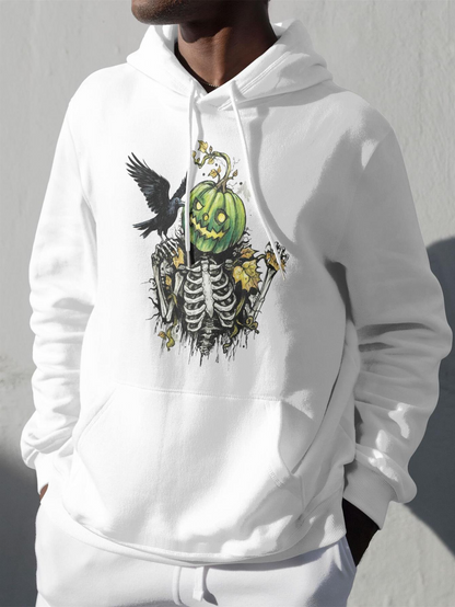 Men's Graphic Hoodie Dark Forest With Skeleton Flowers And Crow Under Green Pumpkin