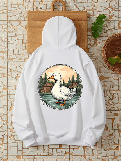 Women's Graphic Hoodie Sunset Countryside With Pines Cottages And Flowing River Duck