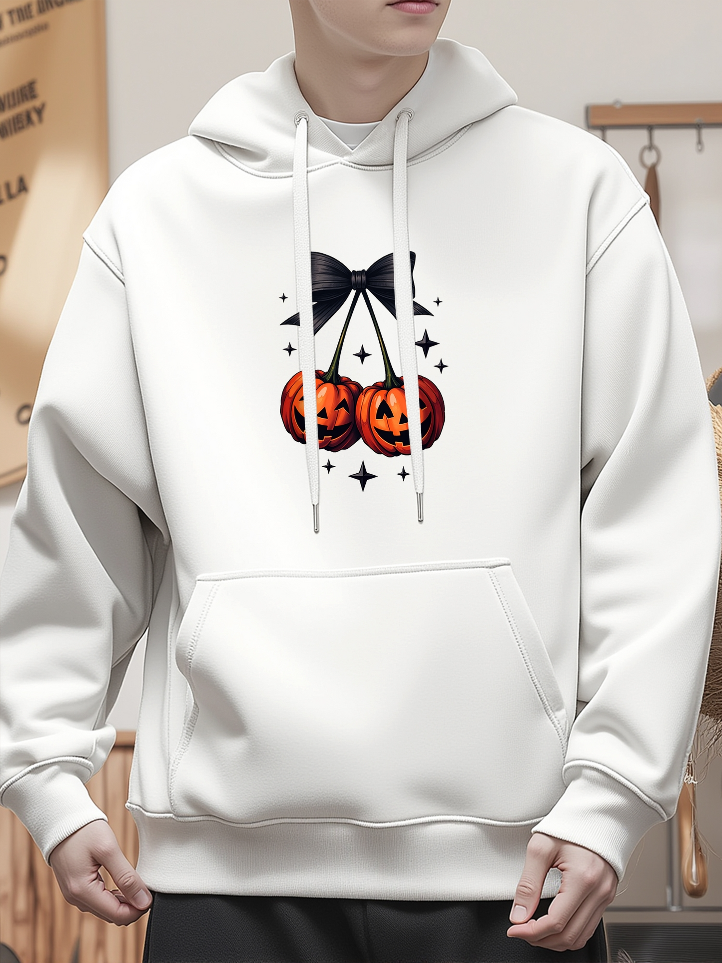 Men's Graphic Hoodie Gleaming Night With Black Bow Tied Halloween Pumpkins