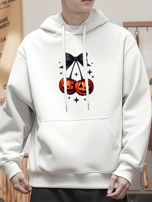 Men's Graphic Hoodie Gleaming Night With Black Bow Tied Halloween Pumpkins