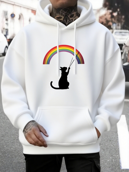Men's Graphic Hoodie Vibrant Rainbow Over Playful Drumming Cat With Silhouette