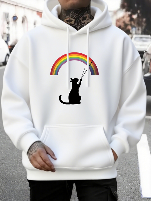 Men's Graphic Hoodie Vibrant Rainbow Over Playful Drumming Cat With Silhouette