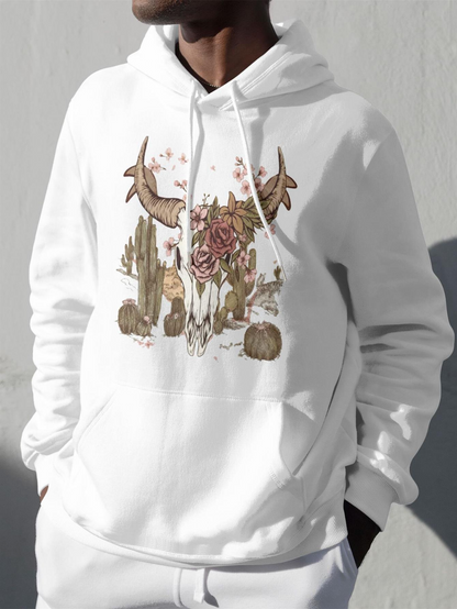 Men's Graphic Hoodie Desert Cactus With Animal Skull Surrounded By Blooming Flowers And Rocks