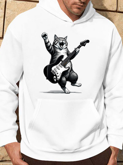 Men's Graphic Hoodie Energetic Striped Cat Playing Electric Guitar Performing On Stage Cat