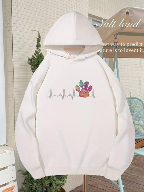 Women's Graphic Hoodie Colorful Paw Print With Heartbeat Line Pattern Hoodie