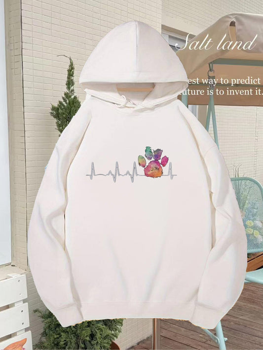 Women's Graphic Hoodie Colorful Paw Print With Heartbeat Line Pattern Hoodie