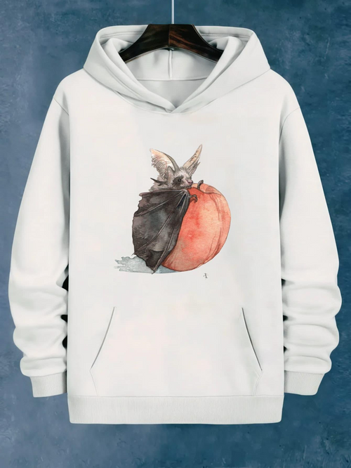 Women's Graphic Hoodie Soft Autumn Fur Bat With Juicy Ripe Peach Illustration Bat