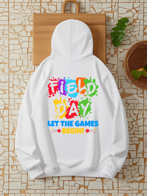 Women's Graphic Hoodie Colorful Paint Splashes With Bold Letters Under Sunshine Field Day