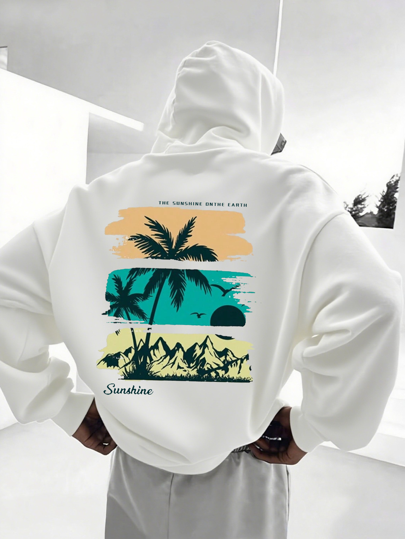 Men's Graphic Hoodie Sunshine Tropical Sunset With Palm Trees And Mountain Silhouettes Landscape