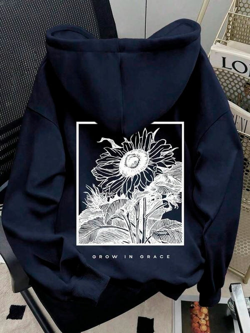 Men's Graphic Hoodie Grow In Grace Black And White Botanical Art Featuring A Large Sunflower