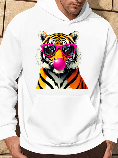 Men's Graphic Hoodie Colorful Tiger With Pink Sunglasses And Bubblegum Urban Hoodie