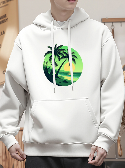 Men's Graphic Hoodie Sunset Glow Beach With Vibrant Green Sky Shining Over Palm Trees