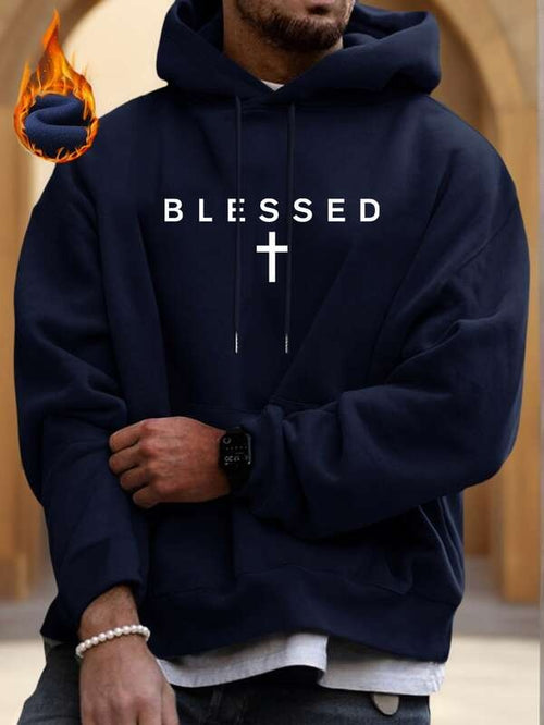 Men's Graphic Hoodie Blessed White Letters With Hanging Cross And Minimalist Layout Hoodie