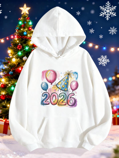 Women's Graphic Hoodie Festive Balloons With Colorful Party Decorations Under Winter Skies 2026
