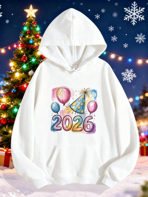 Women's Graphic Hoodie Festive Balloons With Colorful Party Decorations Under Winter Skies 2026