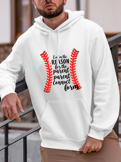 Men's Graphic Hoodie Red Stitched Pattern With Playful Quote And Baseball Inspired Form