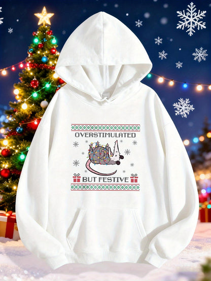 Women's Graphic Hoodie Overstimulated Yet Festive With Holiday Lights Sparkling Cat Surrounded By Snowflakes