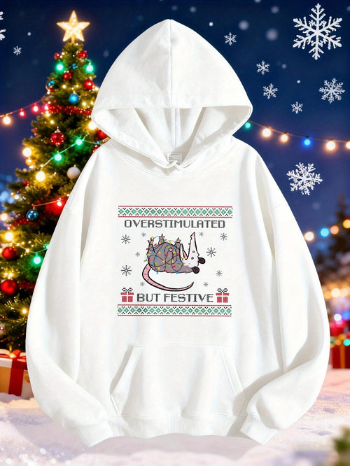 Women's Graphic Hoodie Overstimulated Yet Festive With Holiday Lights Sparkling Cat Surrounded By Snowflakes