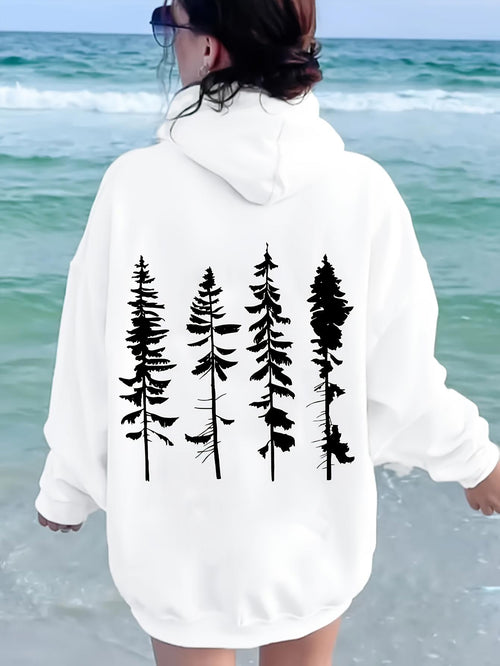 Women's Graphic Hoodie Serene Morning Beach With Tall Pine Trees Illustration