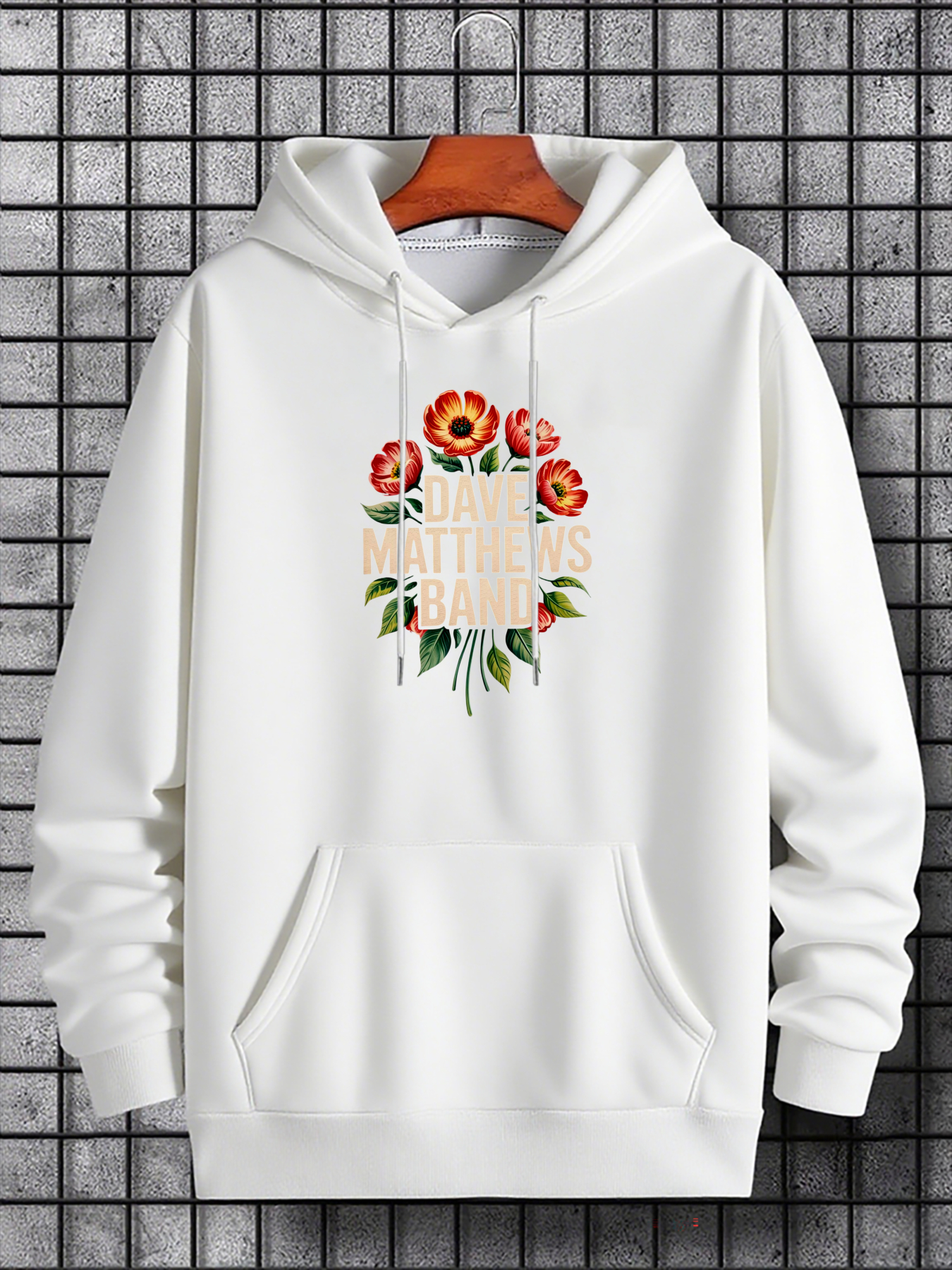 Men's Graphic Hoodie Red Floral Blooms Over Green Foliage On Pristine White Hoodie