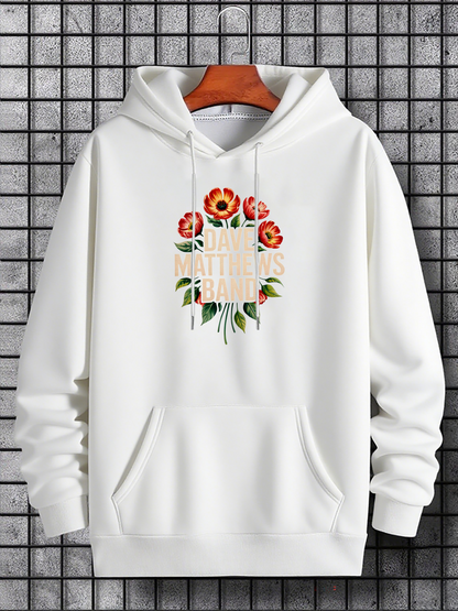 Men's Graphic Hoodie Red Floral Blooms Over Green Foliage On Pristine White Hoodie
