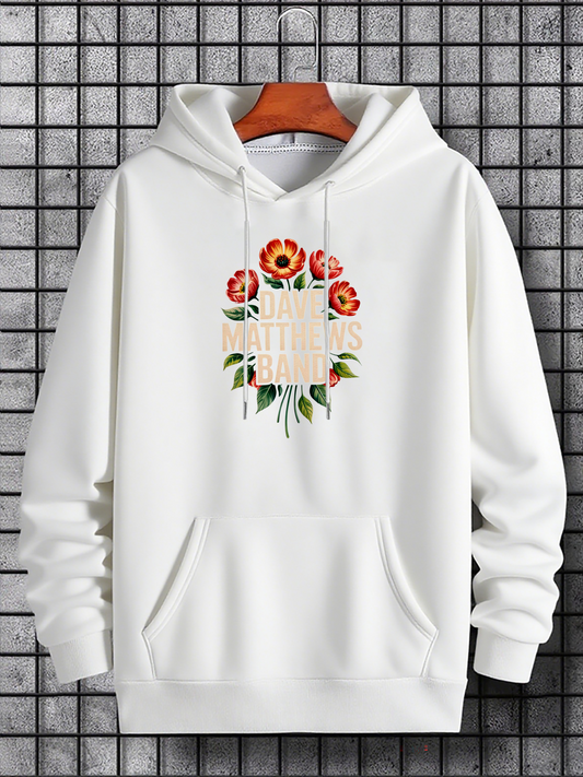 Men's Graphic Hoodie Red Floral Blooms Over Green Foliage On Pristine White Hoodie