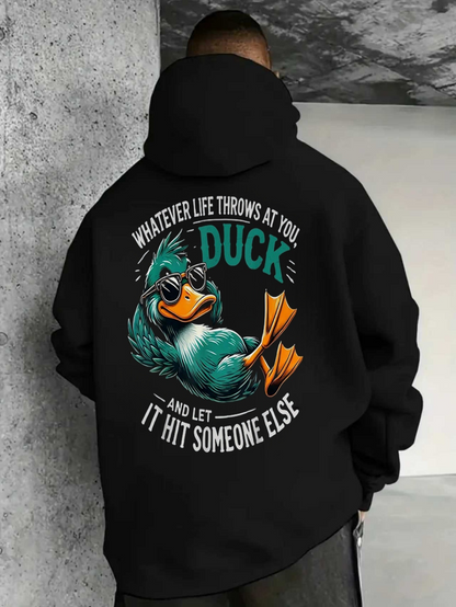 Men's Graphic Hoodie Whatever Life Throws At You Duck With Green Feathers Sitting Calmly Cartoon Duck